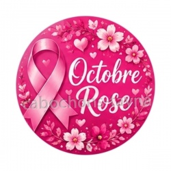 Octobre Rose ruban rose – Cabochon verre ou résine – Badge, porte-clés, magnet, miroir