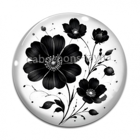 Cabochon Verre - fleur noir et blanc