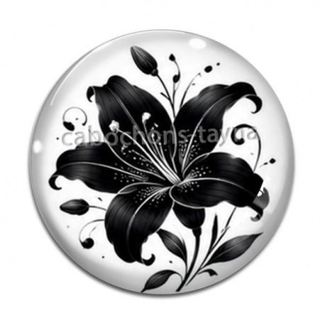 Cabochon Verre - fleur noir et blanc