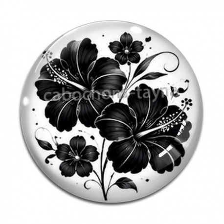 Cabochon Verre - fleur noir et blanc