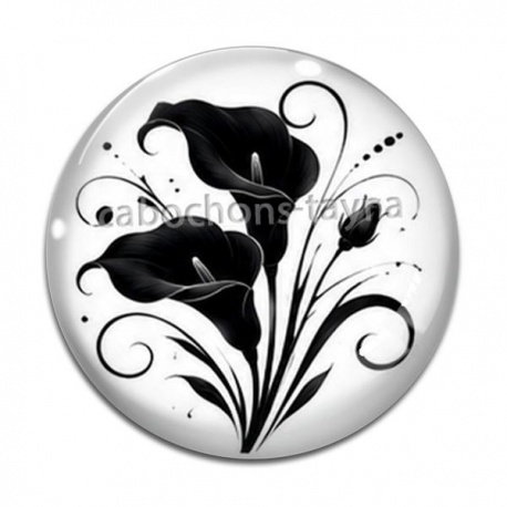 Cabochon Verre - fleur noir et blanc