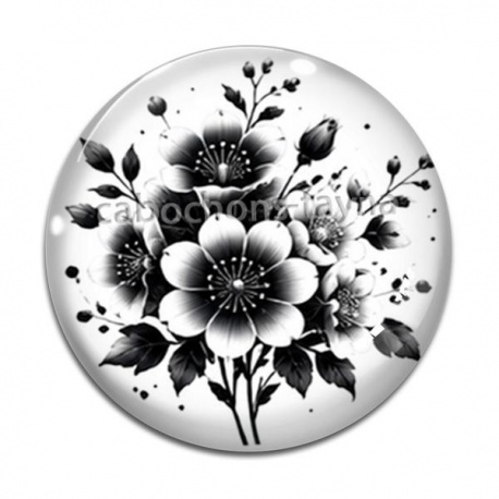 Cabochon Verre - fleur noir et blanc