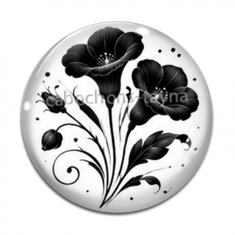 Cabochon Verre - fleur noir et blanc