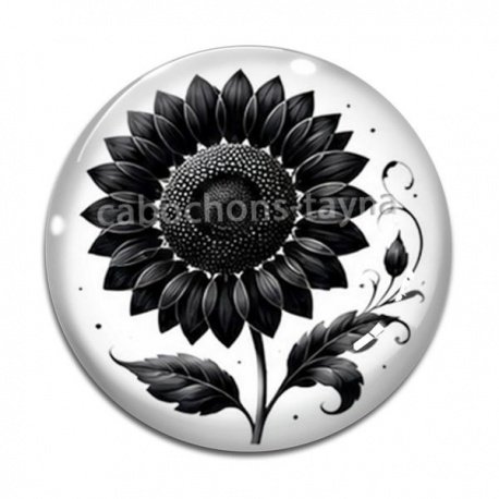 Cabochon Verre - fleur noir et blanc