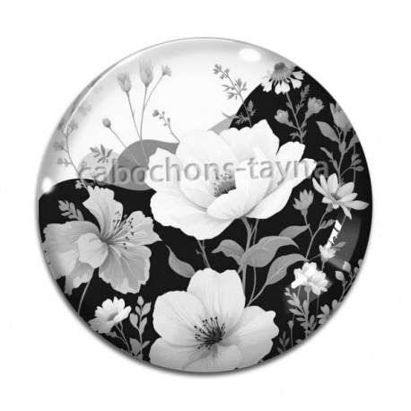 Cabochon Verre - fleur noir et blanc