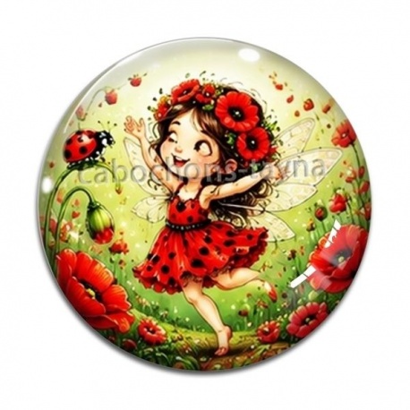 Cabochon Verre - petite fée coccinelle coquelicot