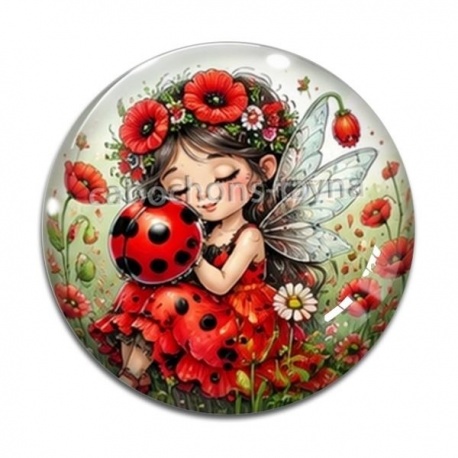 Cabochon Verre - petite fée coccinelle coquelicot
