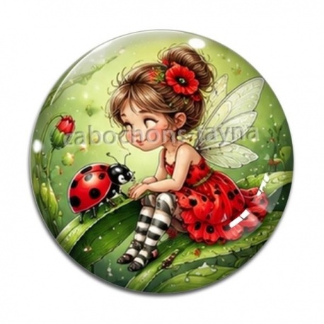 Cabochon Verre - petite fée coccinelle coquelicot