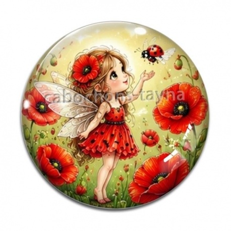 Cabochon Verre - petite fée coccinelle coquelicot