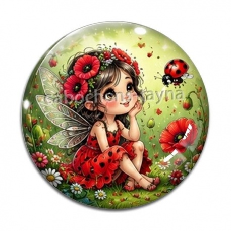 Cabochon Verre - petite fée coccinelle coquelicot
