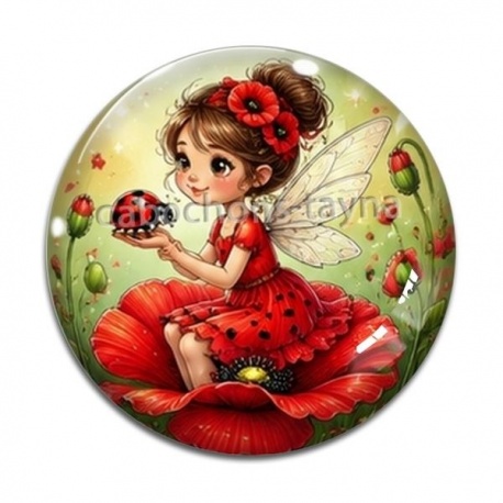 Cabochon Verre - petite fée coccinelle coquelicot