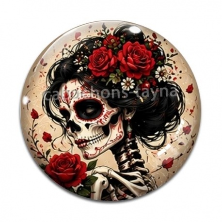 Cabochon Verre - femme squelette fleur