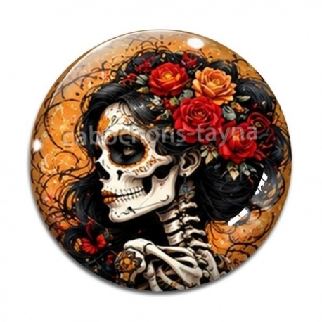 Cabochon Verre - femme squelette fleur