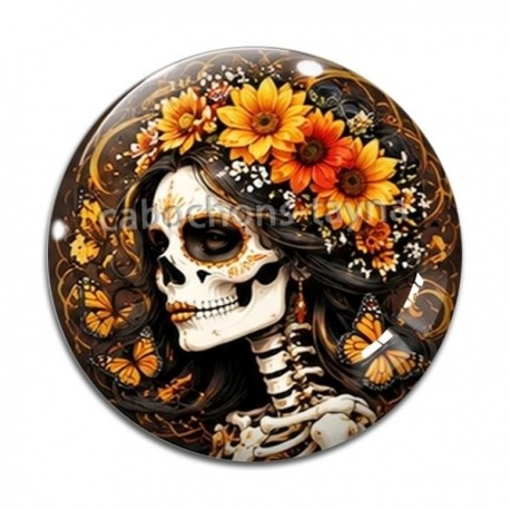 Cabochon Verre - femme squelette fleur