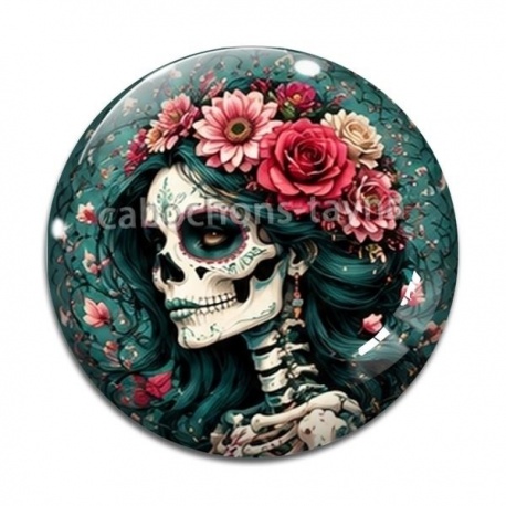 Cabochon Verre - femme squelette fleur