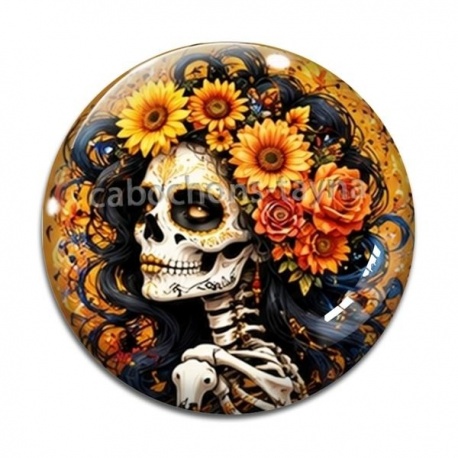 Cabochon Verre - femme squelette fleur