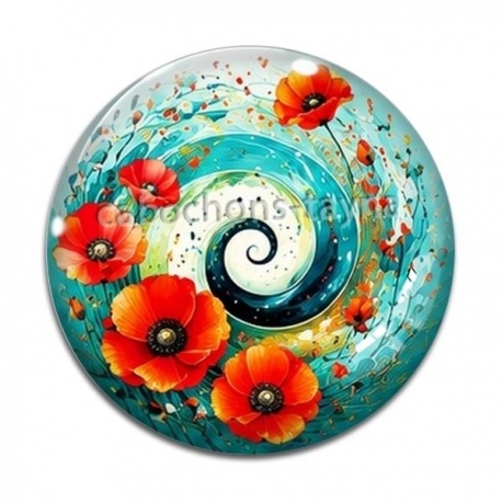 Cabochon Verre - spirale fleur coquelicot