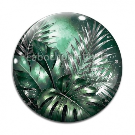 Cabochon Verre - feuille verte et argenté