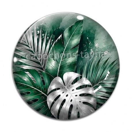 Cabochon Verre - feuille verte et argenté