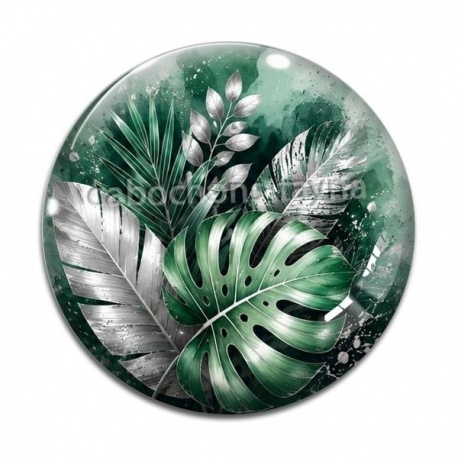Cabochon Verre - feuille verte et argenté
