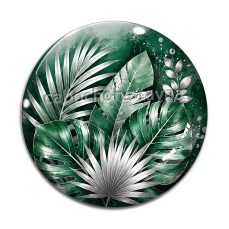 Cabochon Verre - feuille verte et argenté