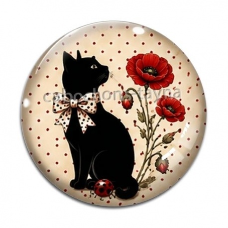 Cabochon Verre - chat fleurs