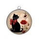 Pendentif Cabochon Argent - chat fleur