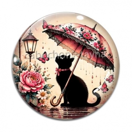 Cabochon Verre - chat fleur parrapluie