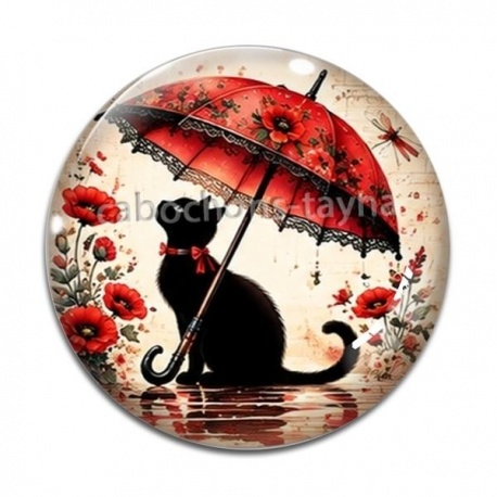 Cabochon Verre - chat fleur parrapluie