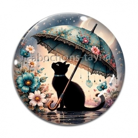 Cabochon Verre - chat fleur parrapluie
