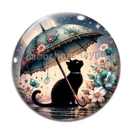 Cabochon Verre - chat fleur parrapluie