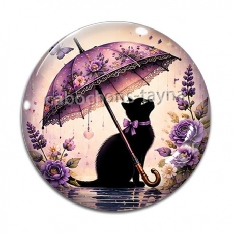 Cabochon Verre - chat fleur parrapluie