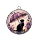 Pendentif Cabochon Argent - chat fleur parrapluie
