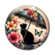 Cabochon Verre - chat fleur parrapluie