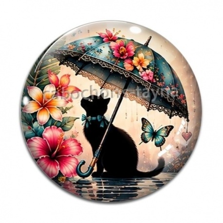 Cabochon Verre - chat fleur parrapluie