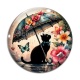 Cabochon Verre - chat fleur parrapluie