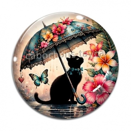 Cabochon Verre - chat fleur parrapluie