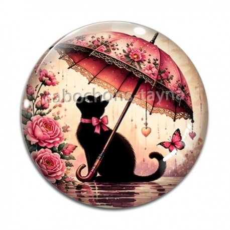 Cabochon Verre - chat fleur parrapluie