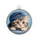 Pendentif Cabochon Argent - chaton casquette fond bleu