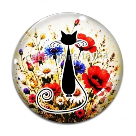 Cabochon Verre - chat noir fleur