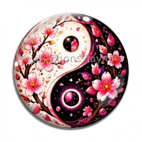 Cabochon Verre - yin yang fleur de cerisier