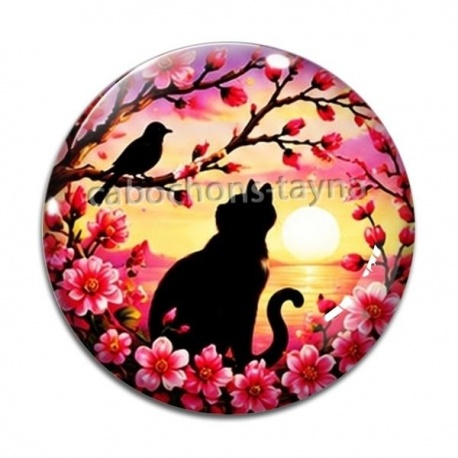 Cabochon Verre - chat noir fleur