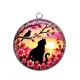 Pendentif Cabochon Argent - chat noir fleur