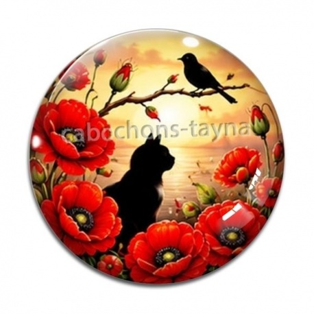 Cabochon Verre - chat noir fleur coquelicot