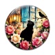 Cabochon Verre - chat noir fleur