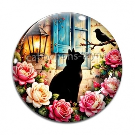 Cabochon Verre - chat noir fleur