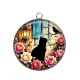 Pendentif Cabochon Argent - chat noir fleur