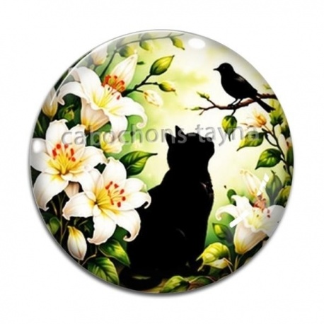 Cabochon Verre - chat noir fleur