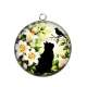 Pendentif Cabochon Argent - chat noir fleur