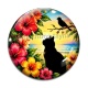 Cabochon Verre - chat noir fleur